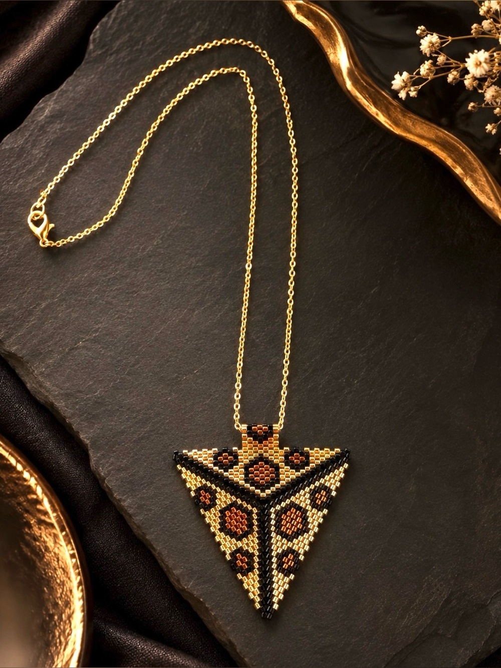 NWT Handmade Miyuki Bead Triangle Necklace 14K Gold Filled Boho Leopard Design